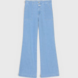 JONES + CO Aria light blue flared jeans in mid-weight stretch denim with high waist and front patch pockets.