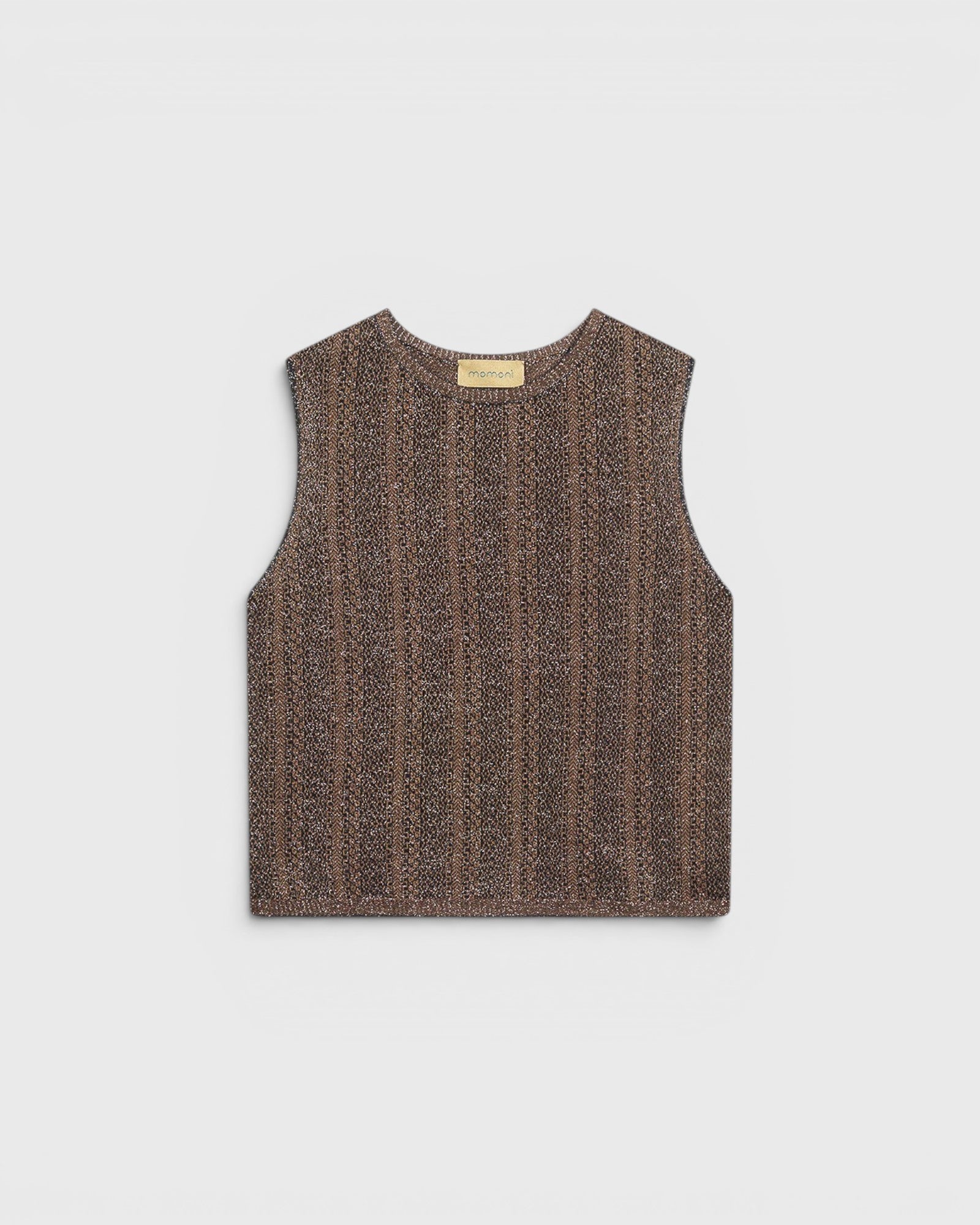JONES + CO Aska knit gilet in nude and lead lurex viscose with a micro-jacquard pattern and crew neck.