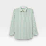 JONES + CO Avalon teal blue and sugar stripe cotton poplin button-down shirt with a front pocket.