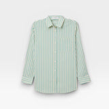 JONES + CO Avalon teal blue and sugar stripe cotton poplin button-down shirt with a front pocket.