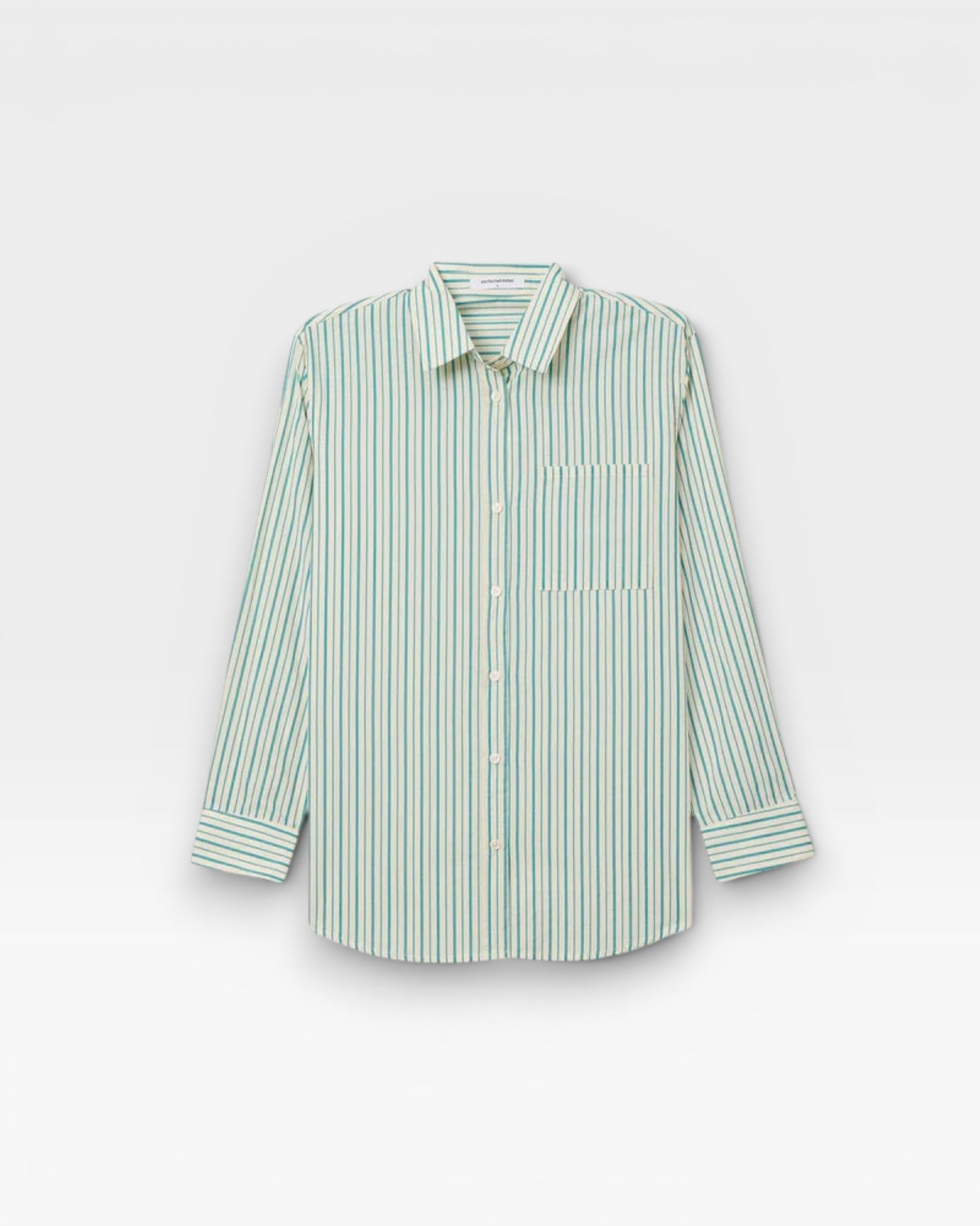 JONES + CO Avalon teal blue and sugar stripe cotton poplin button-down shirt with a front pocket.