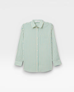 JONES + CO Avalon teal blue and sugar stripe cotton poplin button-down shirt with a front pocket.