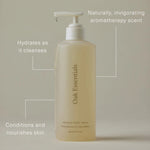 JONES + CO Awaken Body Wash, a pale yellow liquid in a pump bottle, hydrates and conditions skin.
