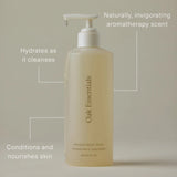 JONES + CO Awaken Body Wash, a pale yellow liquid in a pump bottle, hydrates and conditions skin.