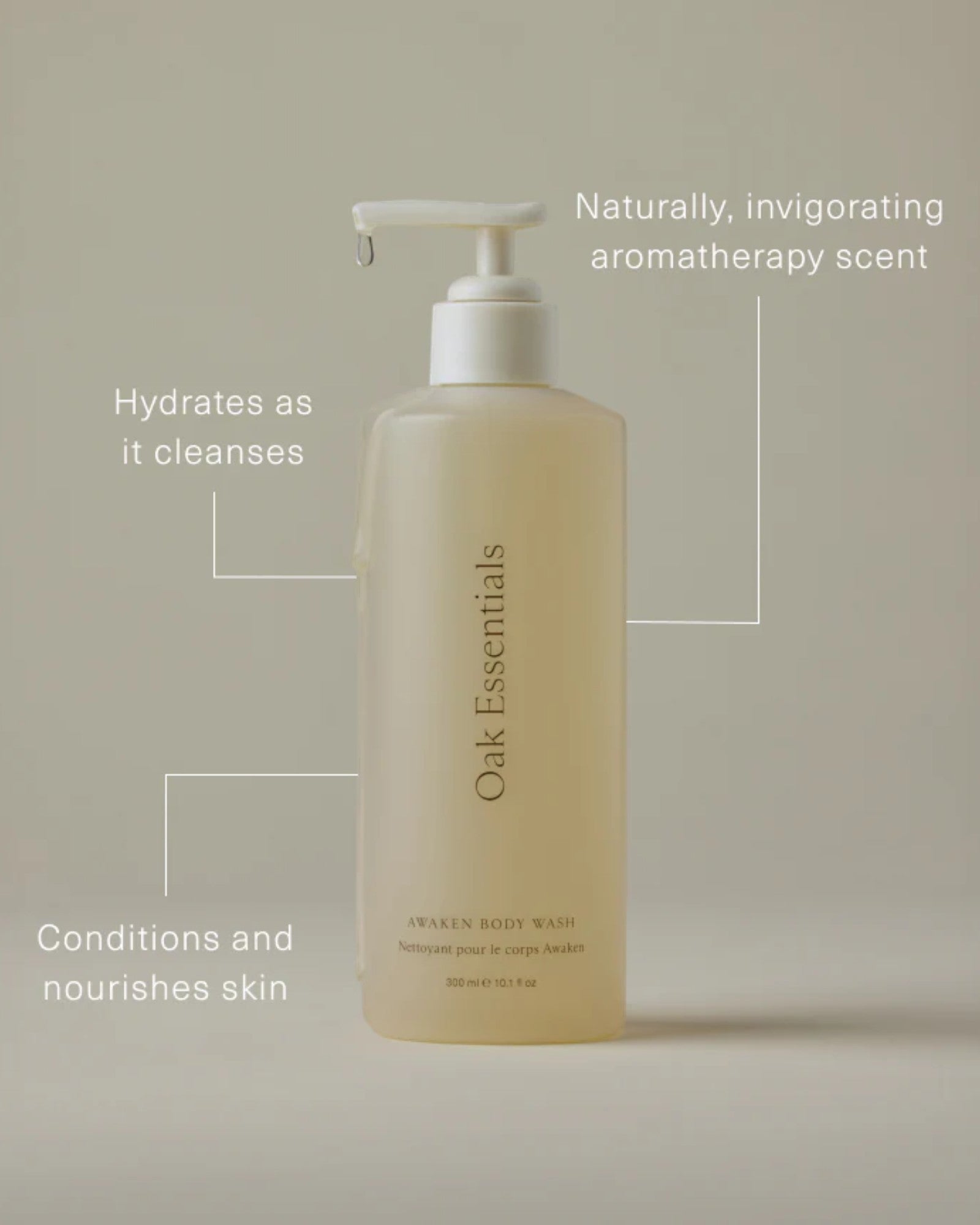 JONES + CO Awaken Body Wash, a pale yellow liquid in a pump bottle, hydrates and conditions skin.