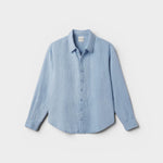 JONES + CO baby blue oversized linen shirt with button-down front and collar.