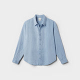 JONES + CO baby blue oversized linen shirt with button-down front and collar.