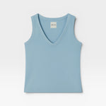 JONES + CO baby blue ribbed knit tank top with deep V-neckline and close, fluid fit.