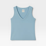 JONES + CO baby blue ribbed knit tank top with deep V-neckline and close, fluid fit.