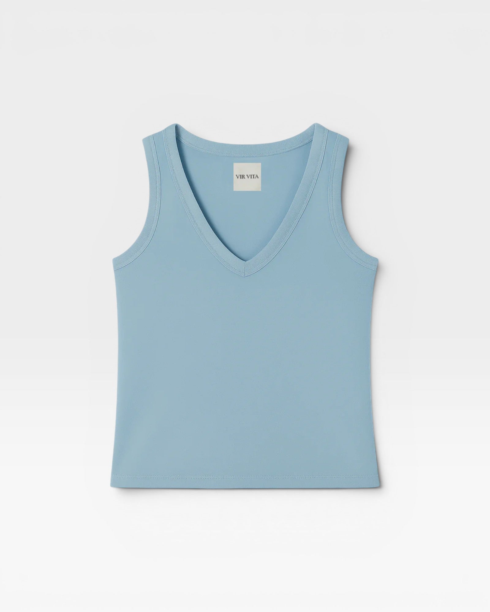 JONES + CO baby blue ribbed knit tank top with deep V-neckline and close, fluid fit.
