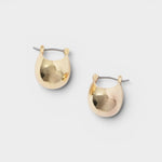 JONES + CO Baby Keel Hoop mini hollow oblong gold hoop earrings with hinged fastening.