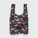 JONES + CO Baggu reusable grocery bag in black ripstop nylon featuring a colorful horse pattern.