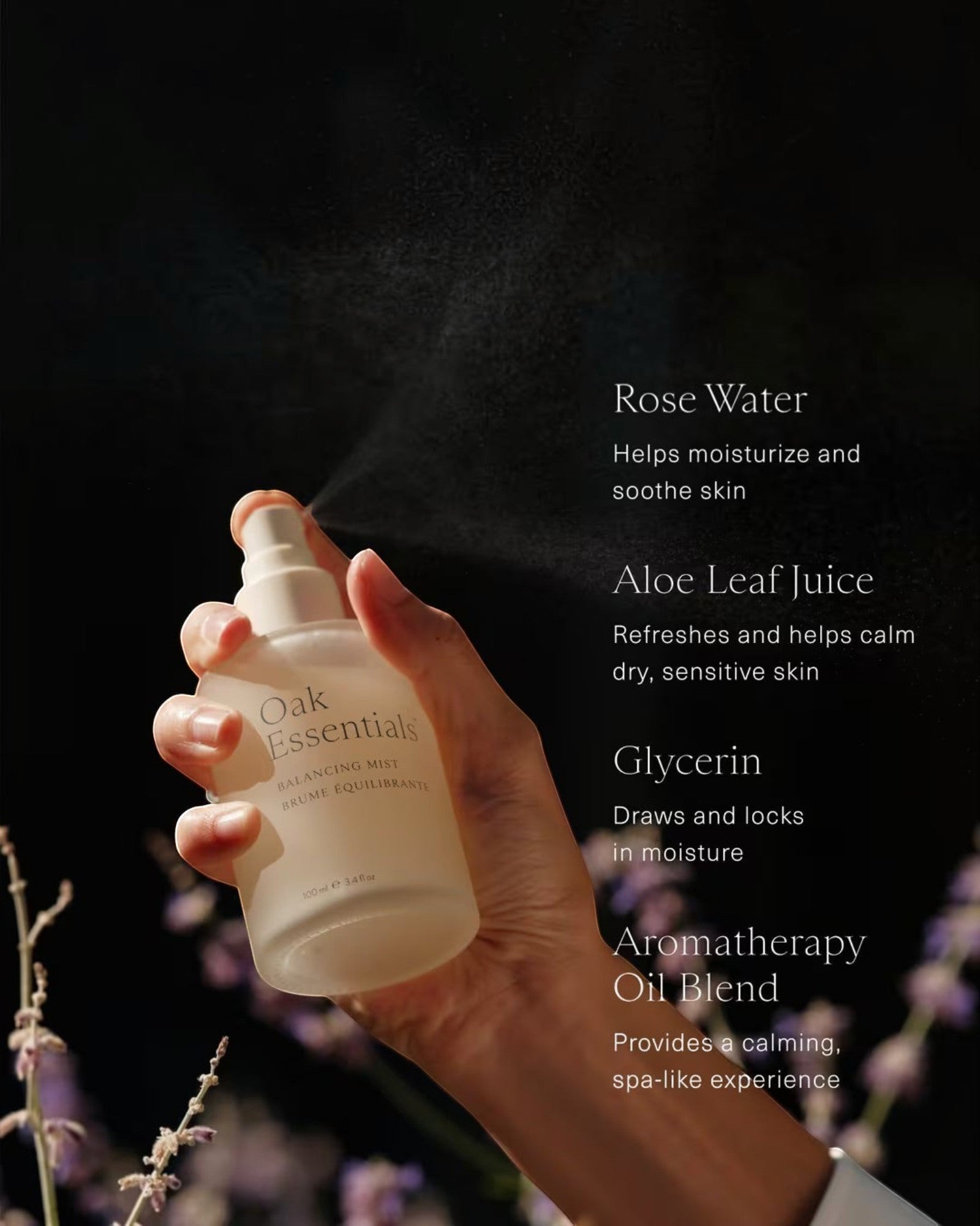 JONES + CO Balancing Mist facial spray in frosted bottle, misting in air. Antioxidant-rich.