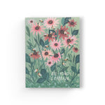 JONES + CO Bee-yond Grateful greeting card featuring a floral illustration of bees and pink flowers on recycled paper.