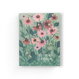 JONES + CO Bee-yond Grateful greeting card featuring a floral illustration of bees and pink flowers on recycled paper.