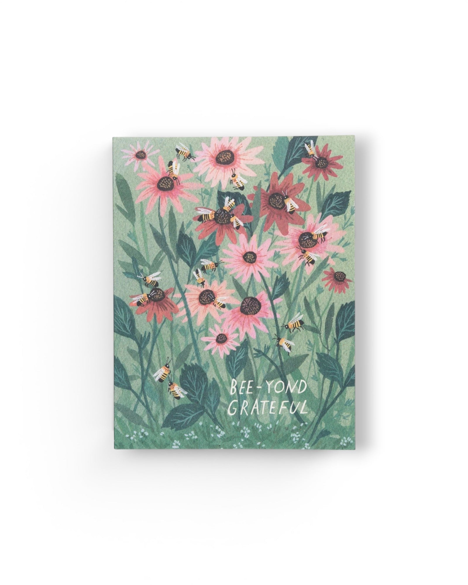 JONES + CO Bee-yond Grateful greeting card featuring a floral illustration of bees and pink flowers on recycled paper.