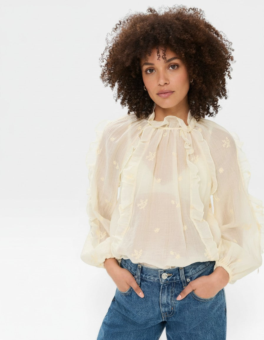 JONES + CO beige sheer blouse with ruffled high neckline and voluminous sleeves, featuring delicate floral embroidery.