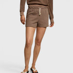 JONES + CO Bennie shorts in mocha charcoal stripe french terry cotton with an elastic waistband and drawcord