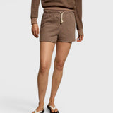 JONES + CO Bennie shorts in mocha charcoal stripe french terry cotton with an elastic waistband and drawcord