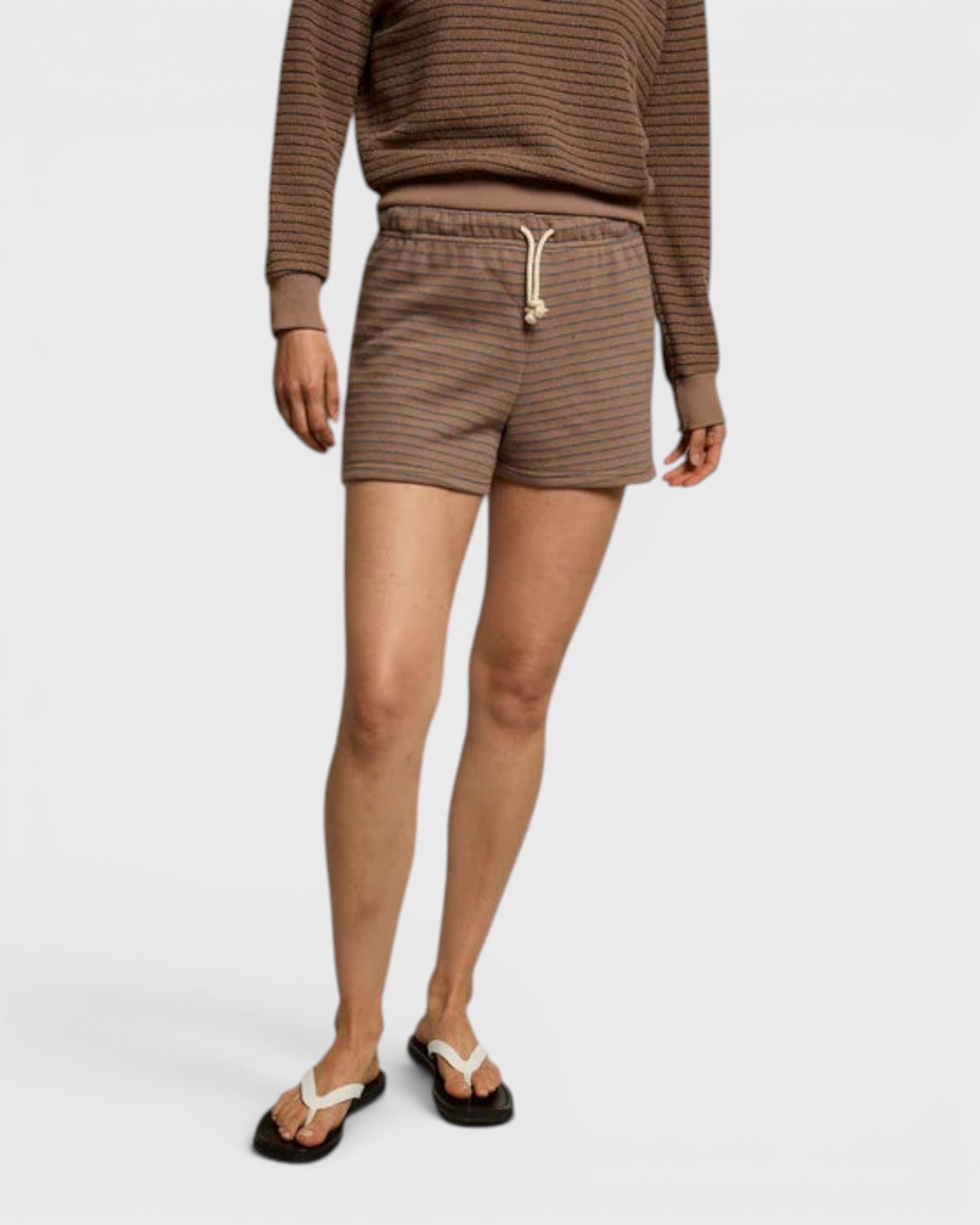 JONES + CO Bennie shorts in mocha charcoal stripe french terry cotton with an elastic waistband and drawcord