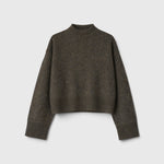 JONES + CO Bettina cashmere sweater in oak brown with a mock neck, balloon sleeves, and dropped shoulders.