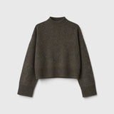 JONES + CO Bettina cashmere sweater in oak brown with a mock neck, balloon sleeves, and dropped shoulders.