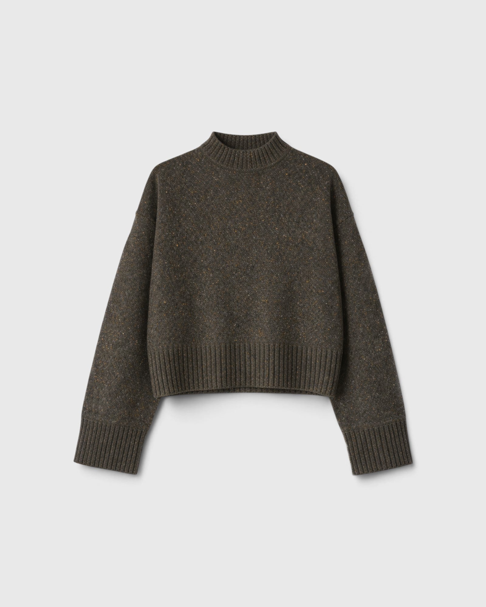 JONES + CO Bettina cashmere sweater in oak brown with a mock neck, balloon sleeves, and dropped shoulders.