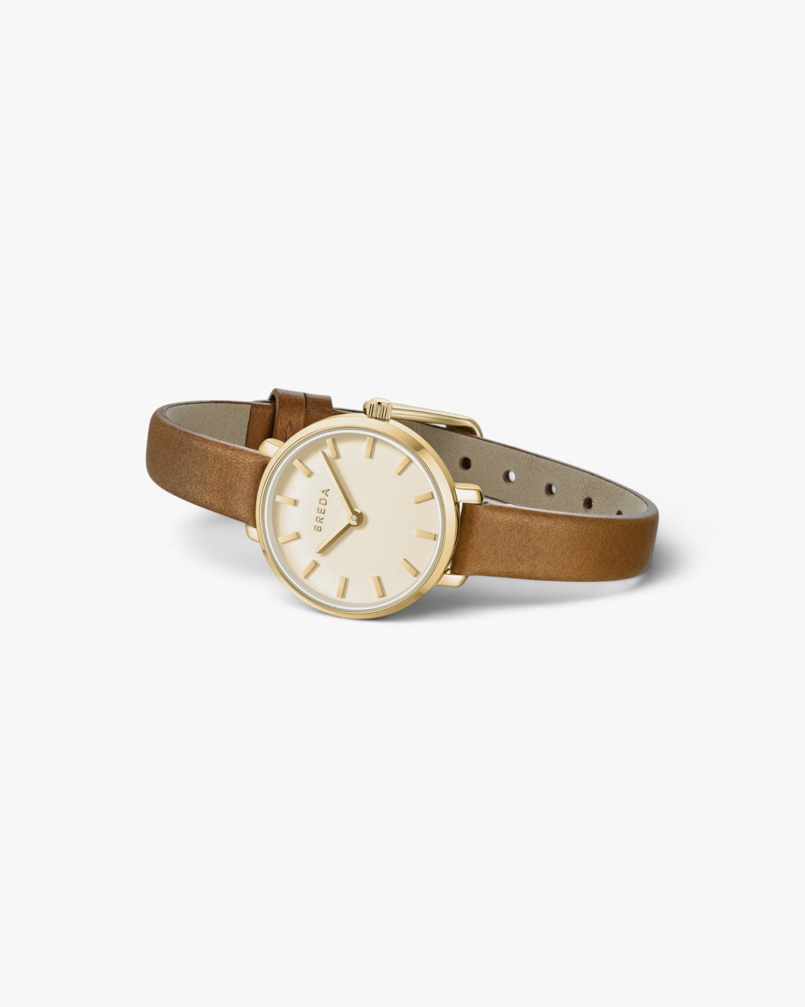 JONES + CO Beverly watch featuring a gold case, cream dial, and brown leather strap on a white background.