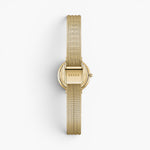 JONES + CO Beverly mesh watch featuring a gold-tone stainless steel strap and case back view on a white background.