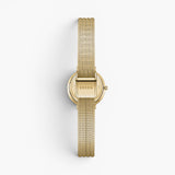 JONES + CO Beverly mesh watch featuring a gold-tone stainless steel strap and case back view on a white background.