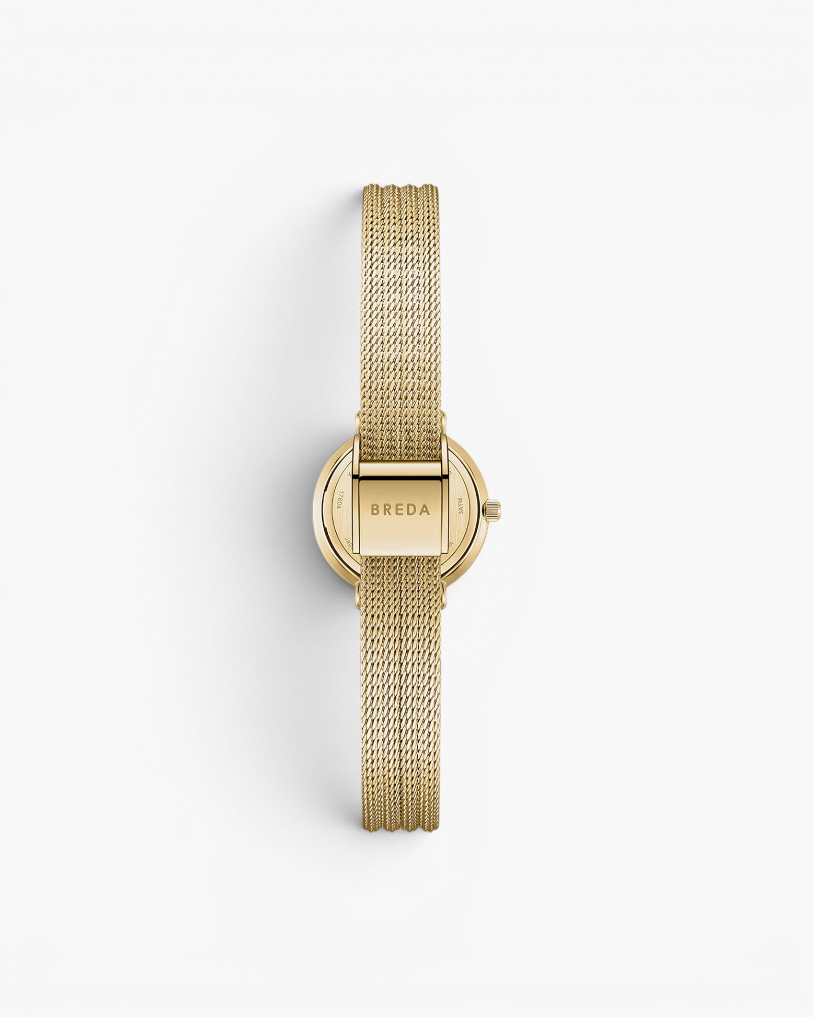 JONES + CO Beverly mesh watch featuring a gold-tone stainless steel strap and case back view on a white background.