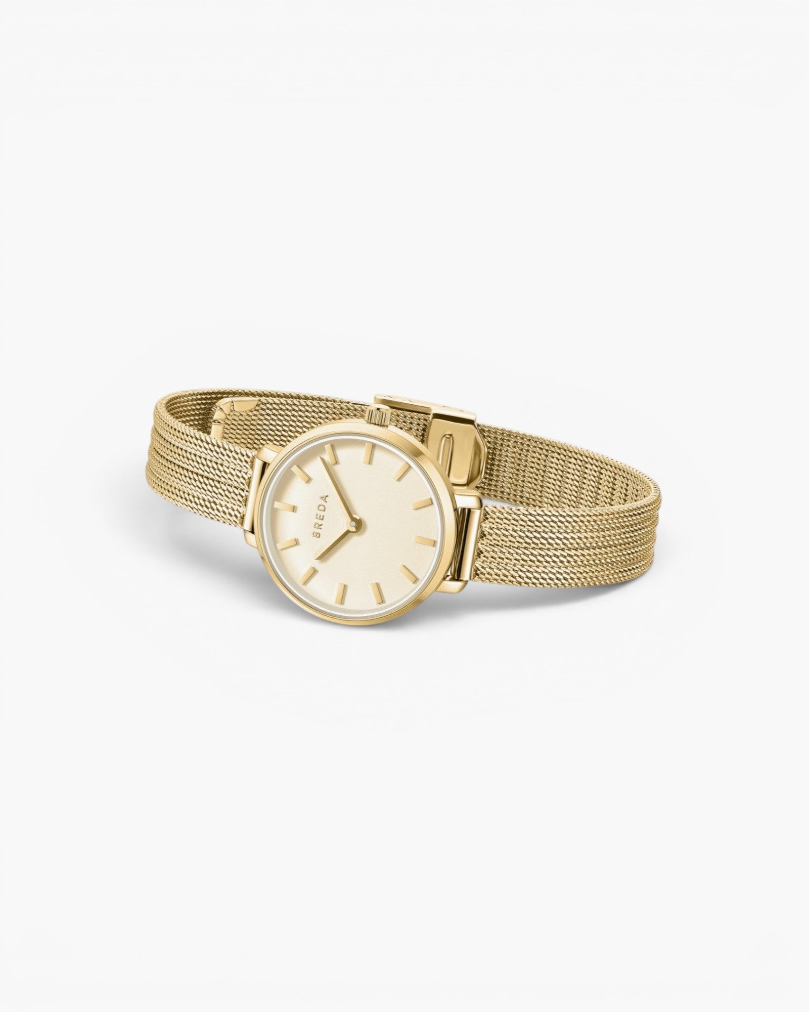 JONES + CO Beverly gold mesh watch with a round dial and tapered woven bracelet on a light background.