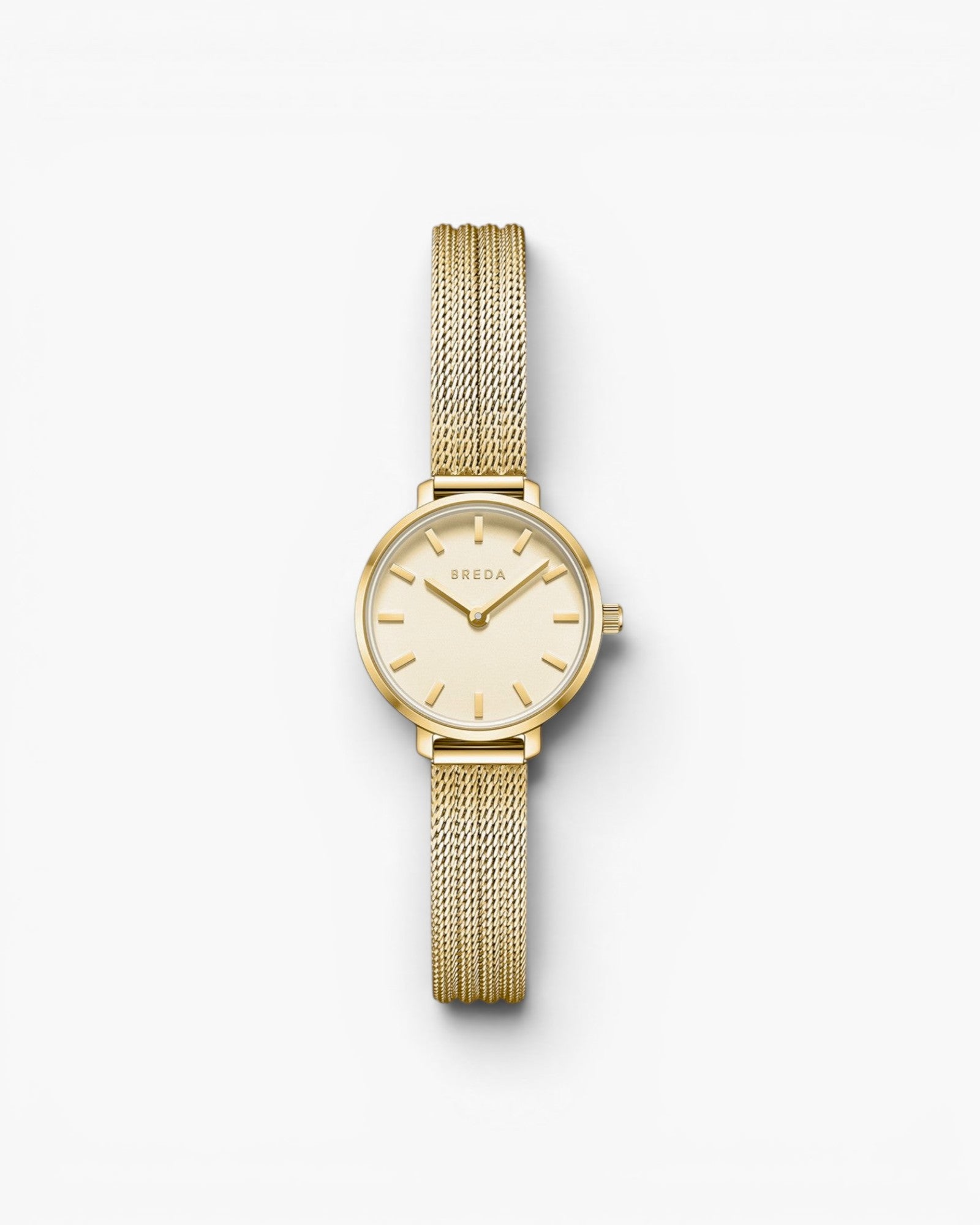 JONES + CO Beverly gold mesh watch with a round case and minimalist champagne dial on a woven bracelet
