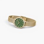 JONES + CO Beverly mesh watch featuring a vibrant green dial and gold-tone stainless steel mesh strap.