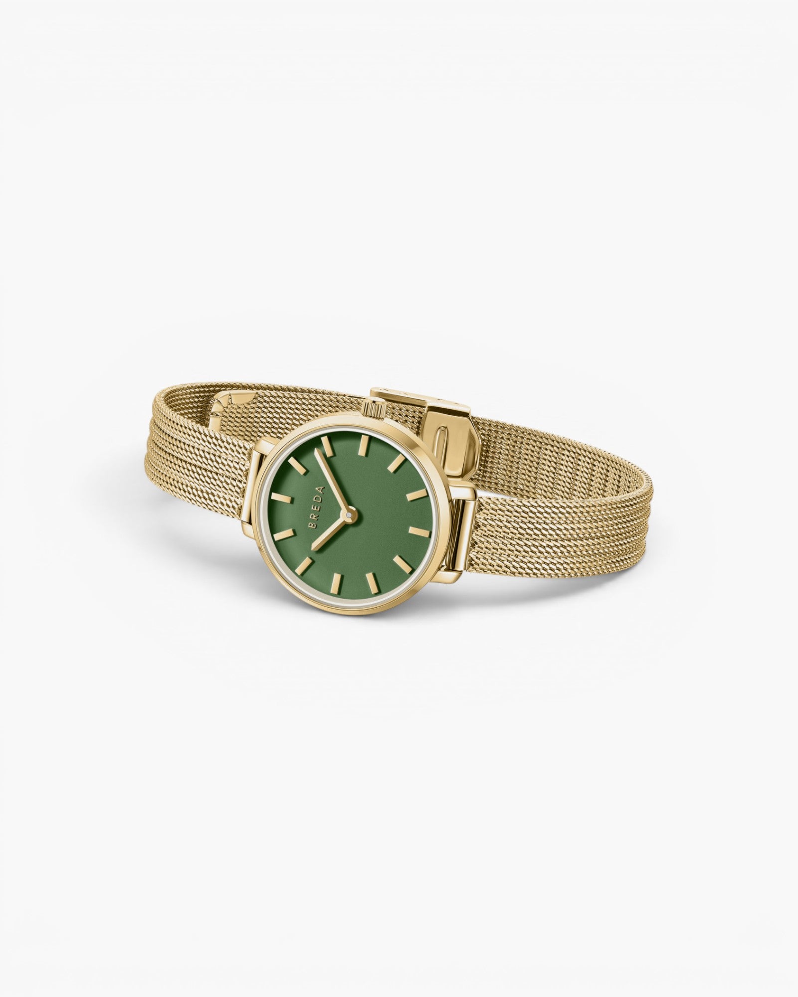JONES + CO Beverly mesh watch featuring a vibrant green dial and gold-tone stainless steel mesh strap.