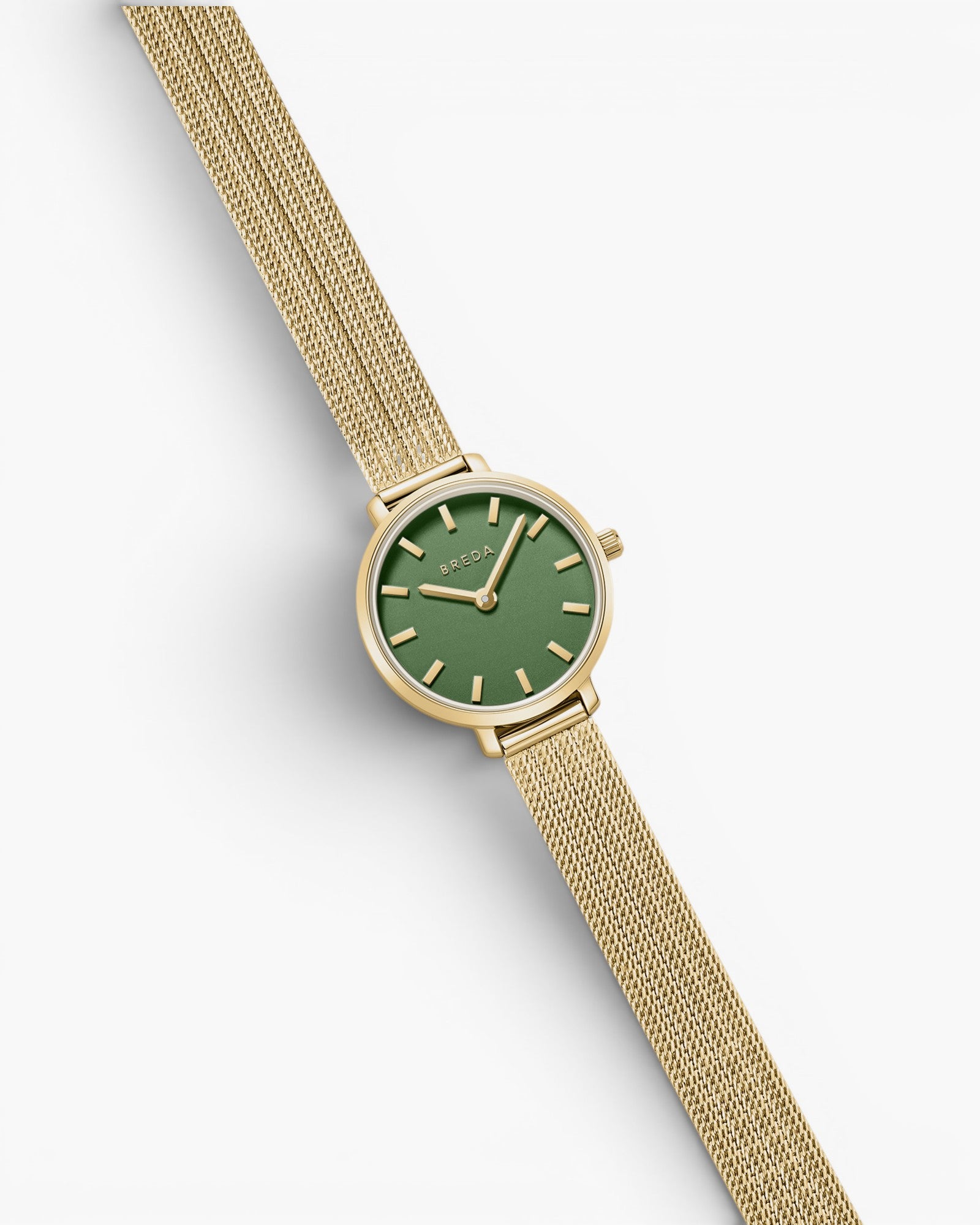 JONES + CO Beverly mesh watch featuring a round gold case and a vibrant green dial with gold indices.