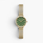 JONES + CO Beverly mesh watch featuring a round gold case and a vibrant green dial with gold indices.