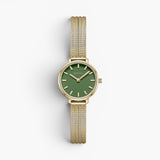 JONES + CO Beverly mesh watch featuring a round gold case and a vibrant green dial with gold indices.