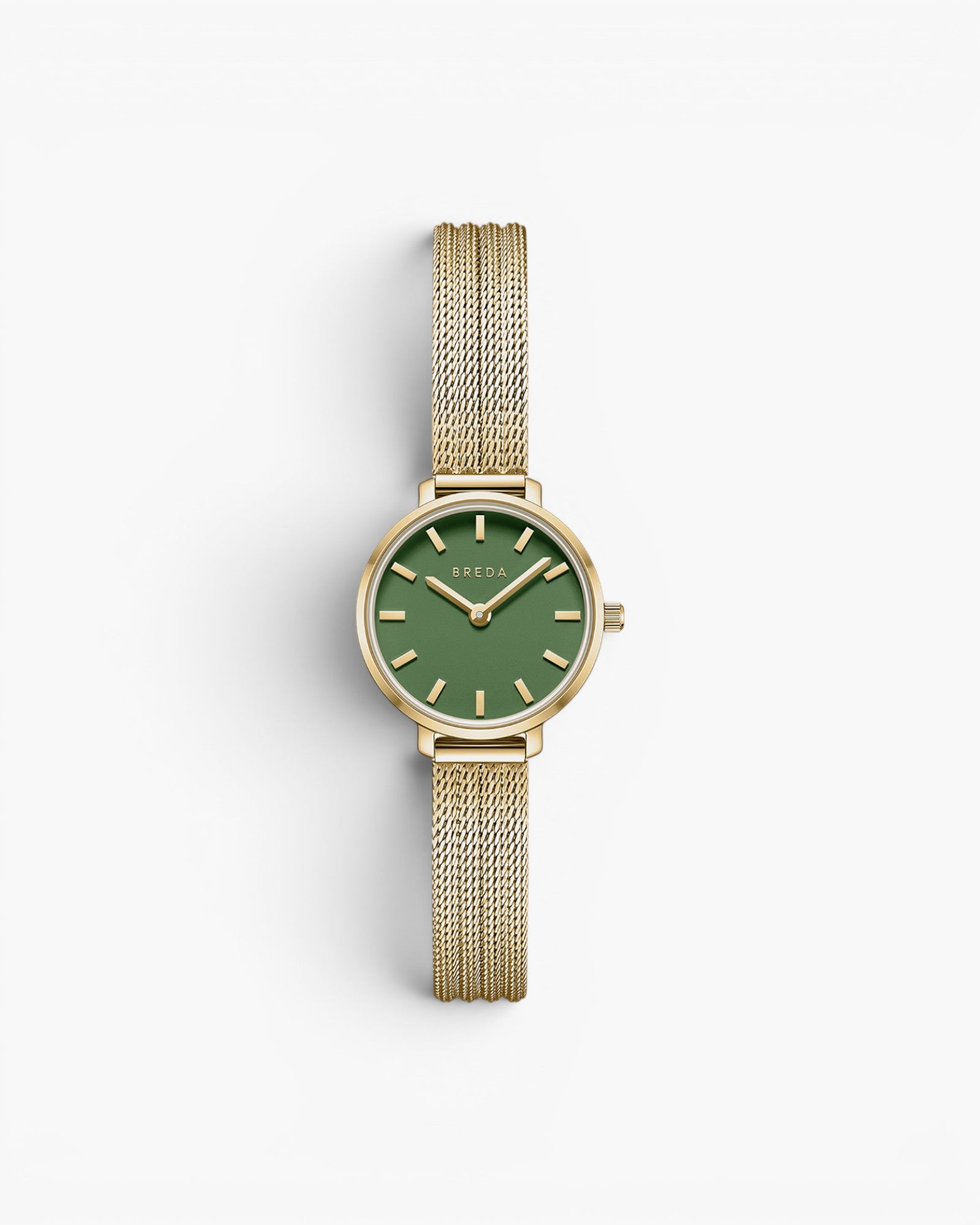 JONES + CO Beverly mesh watch featuring a round gold case and a vibrant green dial with gold indices.