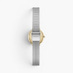 JONES + CO Beverly silver mesh watch back view with gold tone case and adjustable metal strap