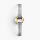 JONES + CO Beverly silver mesh watch back view with gold tone case and adjustable metal strap