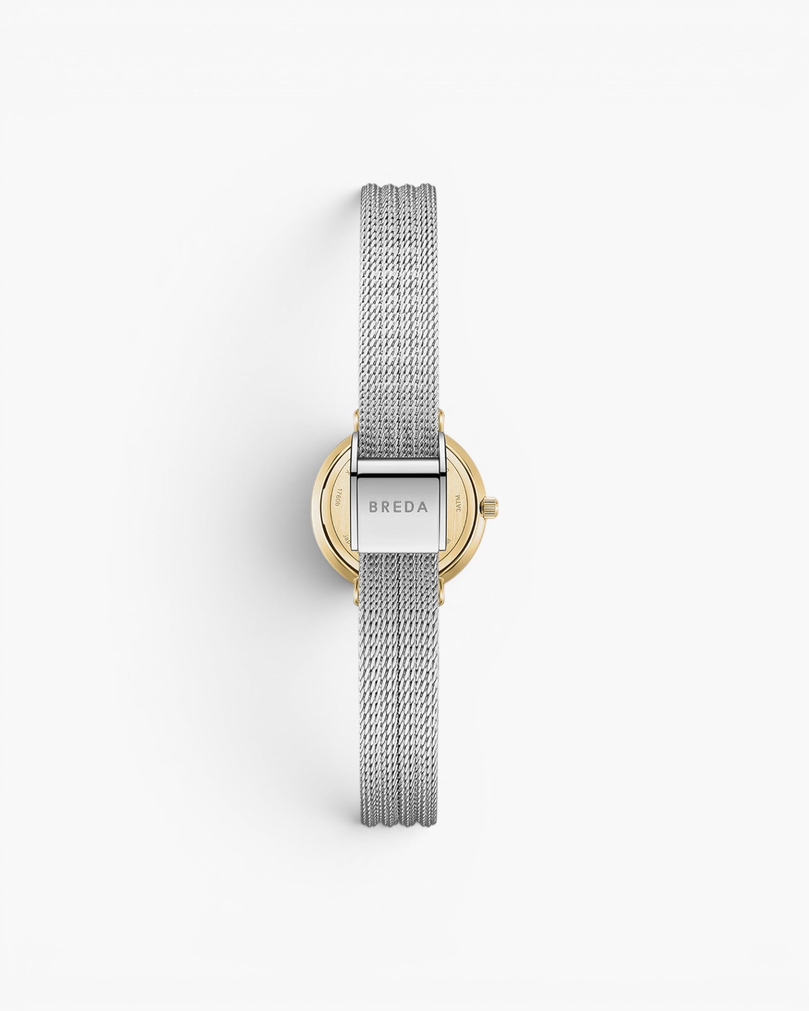 JONES + CO Beverly silver mesh watch back view with gold tone case and adjustable metal strap