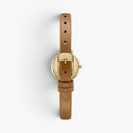 JONES + CO Beverly watch featuring a gold case and brown leather strap, back view showing the buckle closure.
