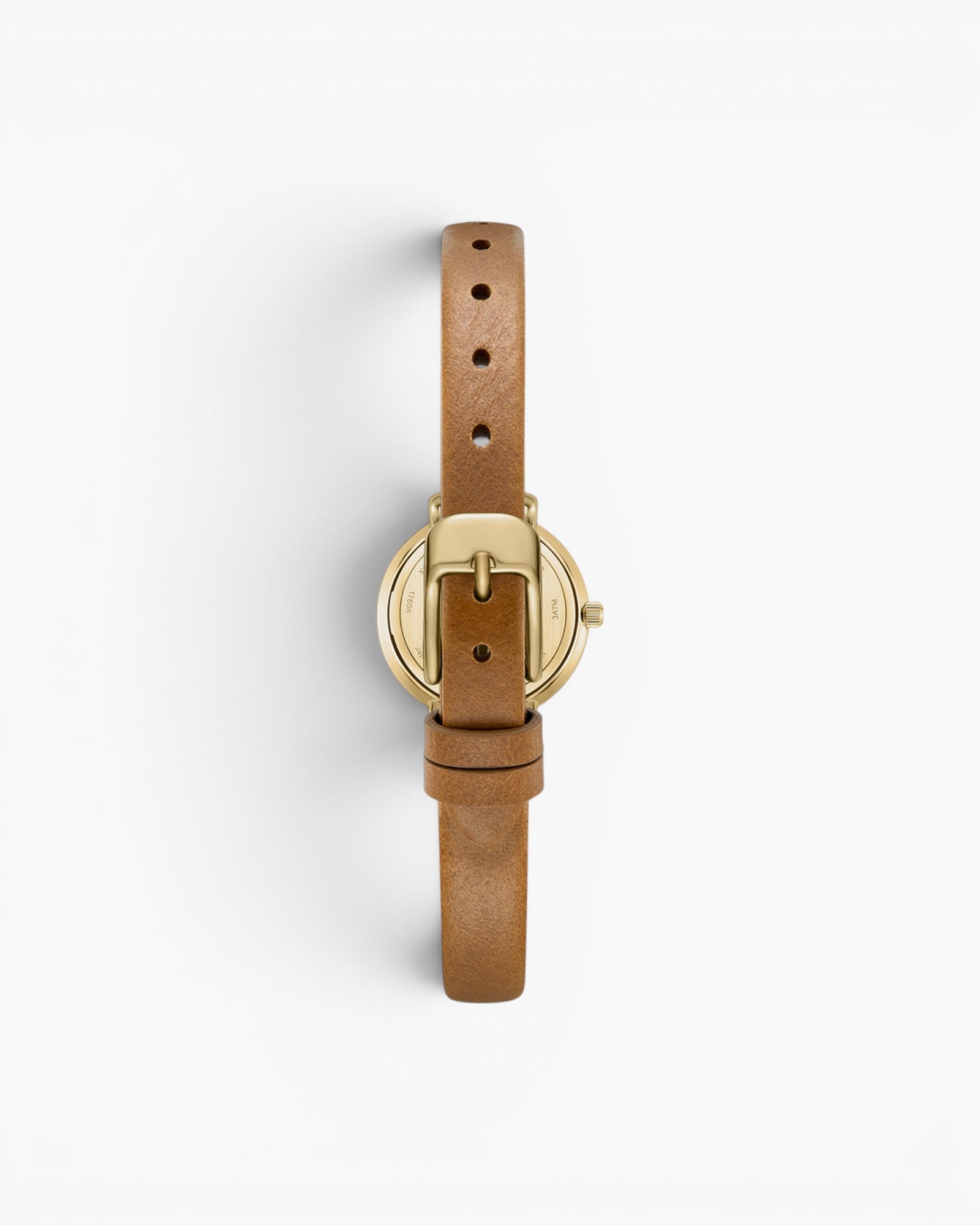 JONES + CO Beverly watch featuring a gold case and brown leather strap, back view showing the buckle closure.