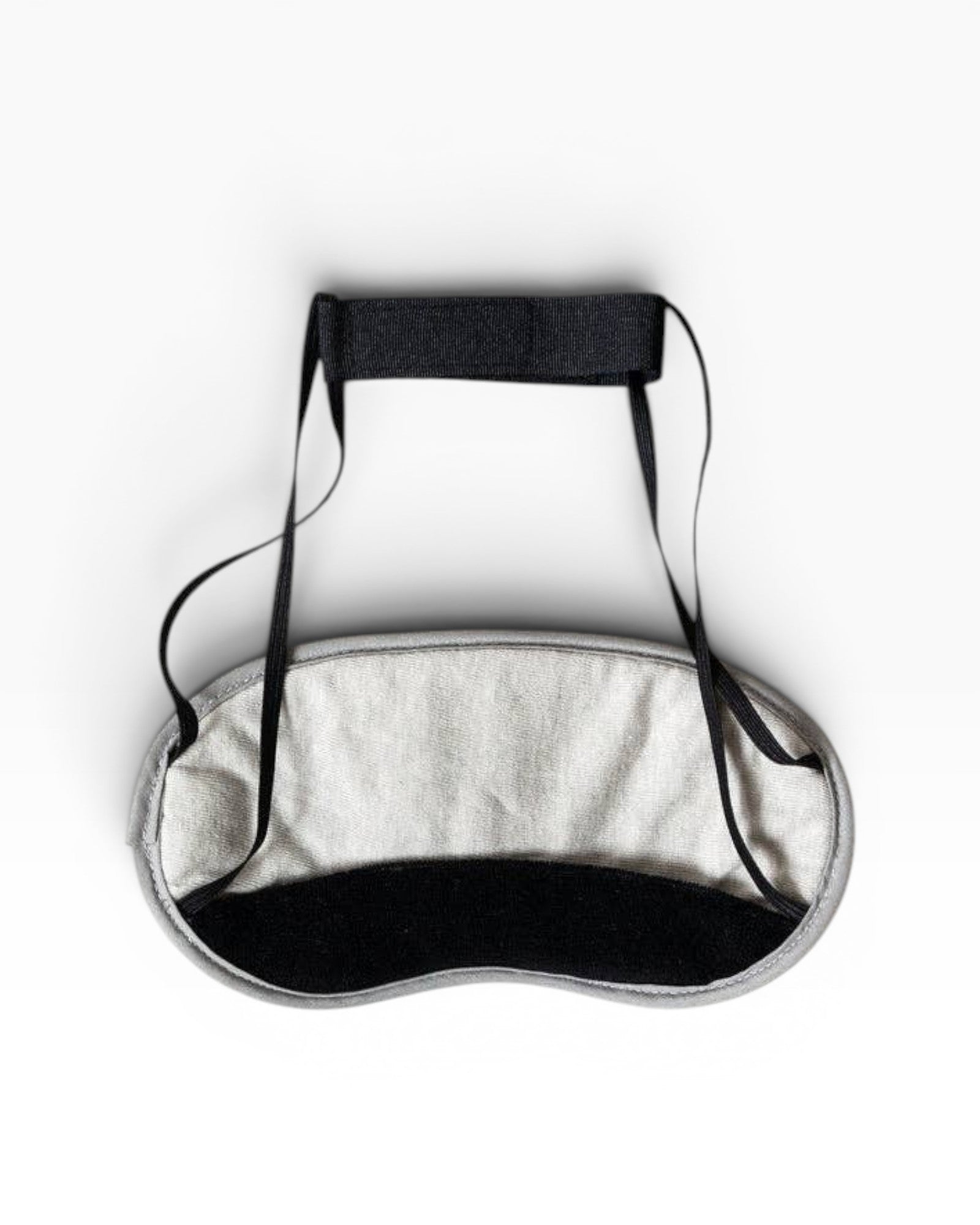 JONES + CO Morihata Binchotan Charcoal Eye Mask, light grey with black straps and black interior, for relaxation and sleep.