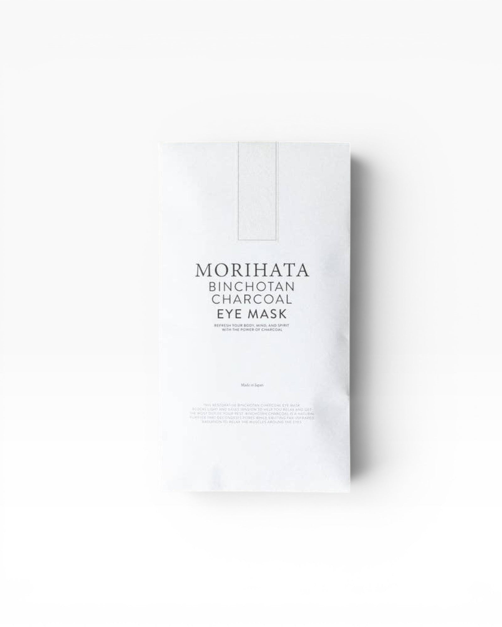 JONES + CO Morihata Binchotan Charcoal Eye Mask packaging, designed for relaxation and fatigue relief.