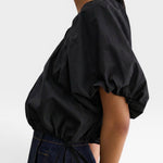 JONES + CO black cropped V-neck balloon top in organic cotton poplin with adjustable drawstring waist