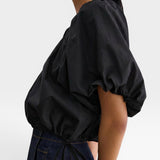 JONES + CO black cropped V-neck balloon top in organic cotton poplin with adjustable drawstring waist