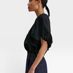 JONES + CO black cropped V-neck balloon top in organic cotton poplin with adjustable waist ties, side view