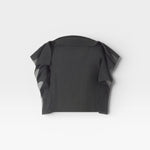 JONES + CO black crinkled texture top with flutter sleeves and collar detail.